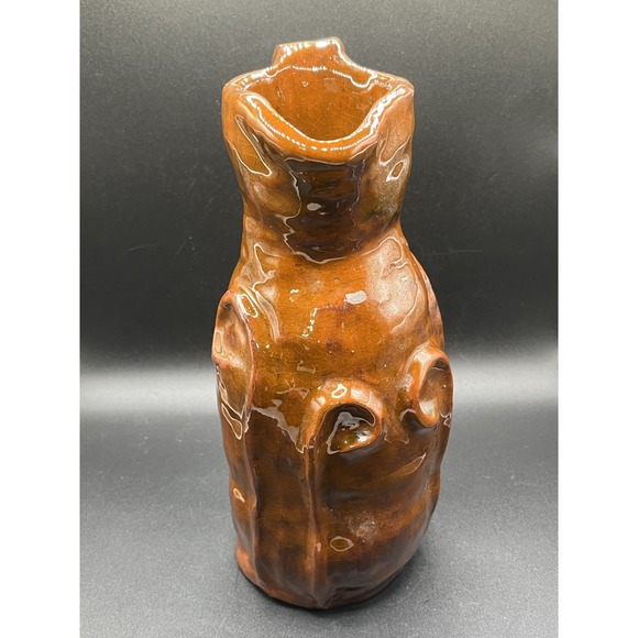 Handmade Redware Pottery Pitcher‎ 9" Signed Rustic Decor Brutalist Vintage - Picture 3 of 6